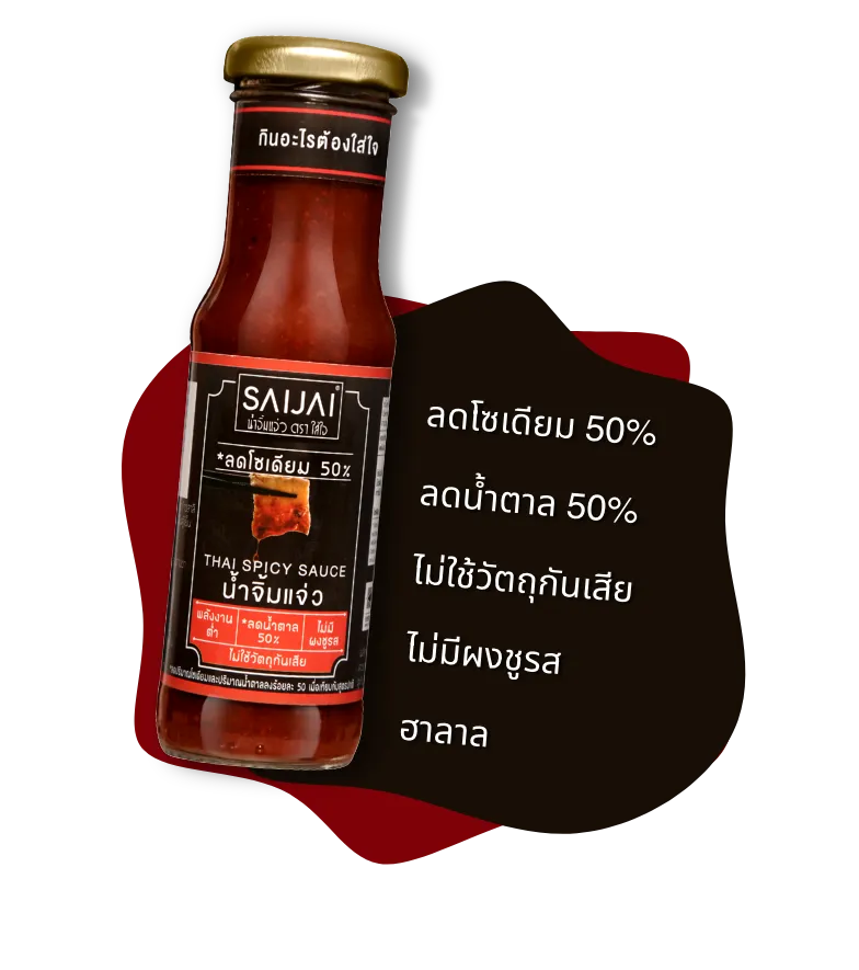 น้ำจิ้มแจ่ว ตราใส่ใจ ลดโซเดียม 50% ลดน้ำตาล 50% ไม่ใช้วัตถุกันเสีย ไม่มีผงชูรส ฮาลาล